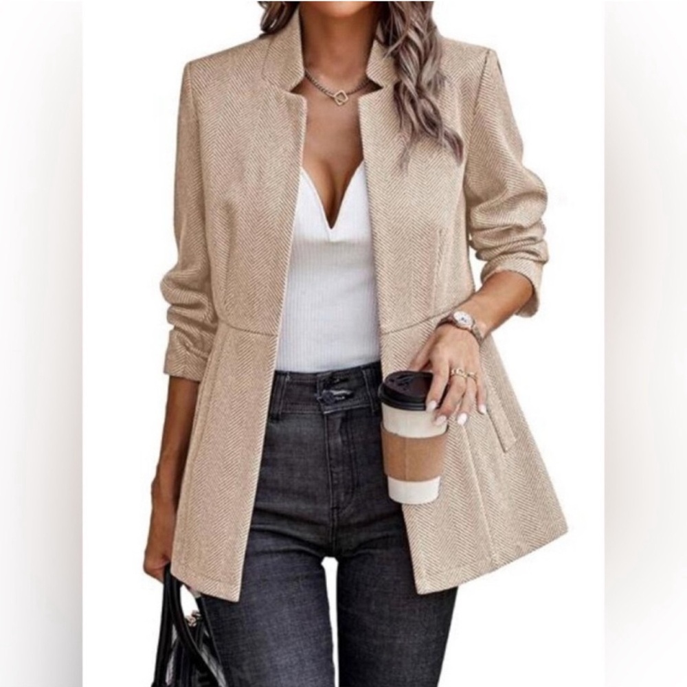 Chouyatou Casual Business Blazer Jacket women large elegant tan Herringbone NWT